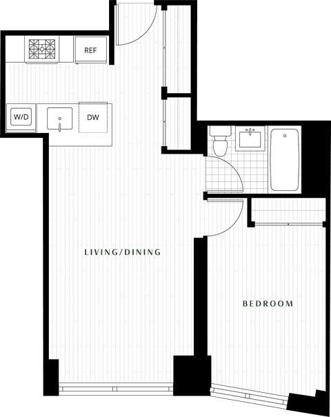 Floor plan for 1 bed, 1 bath, 591 sqft